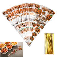 DesertCreations 150 Pieces Cellophane Bags Halloween Christmas Treat Bags with 150pc Twist Ties（3 Style）(Pumpkin head)
