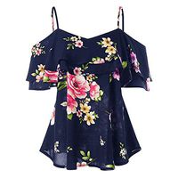Meikosks Ladies Off Shoulder Tank Tops Ruffle Flowy Vest Floral Printing Sleeveless Blouses Navy