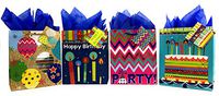 Premium Birthday Gift Bags + Tissue Paper (4 Medium Bags + Tissue, Happy Birthday)