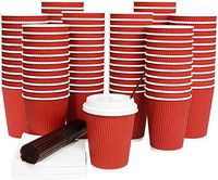 100 Pack Disposable Coffee Cups with Lids 12 Oz Ripple Wall Insulated Corrugated Hot Paper Cup with Stirring Straws and Napkins by Galashield