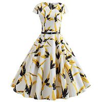 Makaor Women's Summer Dress Short Sleeve V Neck Dress Swing A Line 1950s Vintage Dress Retro Dress,Pineapple/Cherry/Flower Print (L, B)