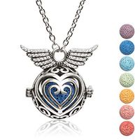 Kayder Antique Silver Angel Wing Filigree Heart-Shaped Locket Essential Oil Diffuser Aromatherapy Pendant Necklace with 7 Color Yoga Chakra Lava Rock Bead Inserts, 20" to 22" Adjustable
