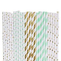 Twinkle Twinkle Little Star Paper Straws (gold foil small star,mint green small polka dot,gold foil stripe,mint green stripe,gold foil star, 100)