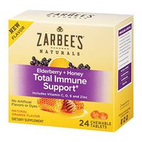Zarbee's Naturals Elderberry + Honey Total Immune Support, with Vitamin C, D, E and Zinc, Natural Orange Flavor, 24 Count Chewable tablets