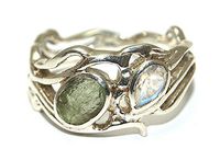 Moldavite and Rainbow Moonstone Ring - Sterling Silver - Size R 1/2