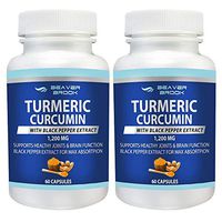 Beaver Brook All Natural Turmeric Curcumin with Black Pepper Extract for Better Absorption 1,200mg Dietary Supplement Joint Pain Relief, Anti-Inflammatory, Antioxidant Supplement Non-GMO - 2-Pack