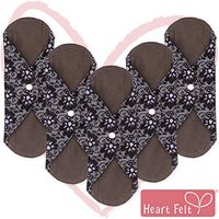 Sanitary Reusable Cloth Menstrual Pads by Heart Felt. XL 5 Pack Washable Natural Organic Napkins with Charcoal Absorbency Layer. Overnight Long Panty Liners for Comfort Support and Incontinence