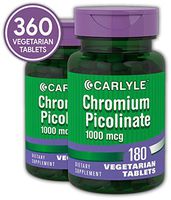 Ultra Chromium Picolinate 1000mcg | 2 Pack 180 Tablets per Bottle | Supports Weight Management | Vegetarian, Non-GMO, Gluten Free | by Carlyle