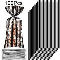 100 Pieces Plastic Black and White Stripe Printed Treat Bags Food Storage Bags Clear Cellophane Birthday Party Cookie Candy Goody Gift Bags with 100 Sliver Twist Ties for Birthday Party Favors