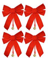 Set of 4 Large Red Velvet Christmas Bows with Dangling Metal Bell - Measures - 10" x 15" Indoor Use only