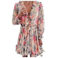 Kiminana Prom Dresses,Women's Winter Fashion Temperament Print V-Neck Ruffled Chiffon Dress Cocktail Skater Dress Pink