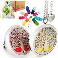 Essential Oil Diffuser Necklace Aromatherapy - Gifts for Women Unique Tree of Life Locket Pendant & Car Vent Clip Eco Set, 27+2" Adjustable Chain Stainless Steel Engraved Oils Jewelry 36pc Refill Pads