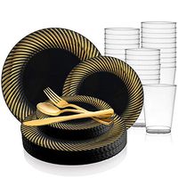 360 Piece Elegant Disposable Plastic Dinnerware Set for 60 Guests - Fancy Gold Rimmed Black Dinner Plates, Dessert Plates, Silverware Set & Party Cups For Wedding, Easter, Birthday & All Occasions