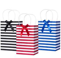 Set of 15 Small Paper Gift Bags with Handles | 15 self-Adhesive Handmade Satin Bows & Labels | 5.25 x 3.75 x 8.25" | 3 Assorted Colors, Red, Blue, Black and White Striped Party Favor Bags
