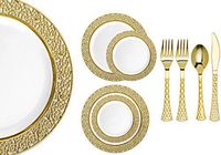 Royalty Settings Gold Inspiration Collection Lace Plastic Plates and Gold Cutlery Party Package for 20 Persons, Includes 20 Lace Dinner Plates, 20 Lace Salad Plates, 40 Forks, 20 Knives, 20 Spoons