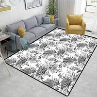 Black and White Humorous Area Rug Kitchen, Amaryllises and Begonias Botanical Inspirations with Butterflies and Birds, Durable Carpet Area Rug - Living Room Bedroom Rugs and Carpets(3'x 8')