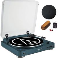 Audio-Technica Fully Automatic Bluetooth Wireless Belt-Drive Turntable LE Navy (AT-LP60NV-BT) + Universal 12" Silicone Rubber Turntable Platter Mat & Vinyl Record Cleaning Fluid System with Brush