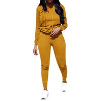 Wadonerful 2 Pcs Sportwear Set Women O Neck Long Sleeve Hoodie Hole Sweatshirt Top+Drawstring Pants Sport Suit Tracksuit (XL, Yellow)