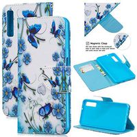 Cfrau Leather Case with Black Stylus for Samsung Galaxy A7 2018,Cute Design Magnetic Wallet Flip PU Leather Card Slots Kickstand Hand Strap with Soft TPU Case for Galaxy A7 2018 - Blue Butterfly