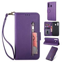 Zipper Wallet Case with Black Dual-use Pen for Samsung Galaxy A20/A30,Aoucase Money Coin Pocket Card Holder Shock Resistant Strap Purse PU Leather Case for Samsung Galaxy A20/A30 - Purple