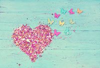 Laeacco Mother's Day Photography Background 7x5ft Love Heart Blutterflies Flowers Petals on Blue Wooden Background Flakingl Vintage Rusty Countryside Style Spring Nature