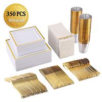 FOCUS LINE 350 Piece Square Dinnerware Set-50 Gold Rim Dinner Plastic Plates-50Gold Rim Dessert Plates-50 Gold Plastic Cups-50 Linen Like Gold Paper Napkins, 50 Guest Disposable Gold Dinnerware Set