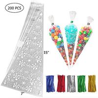200 PCS Snowflake Clear Cone Treat Bags Cellophane Treat Bags Plastic Cone Bags Triangle Bags with 200 PCS Twist Ties 5 Mix Colors for Favor Candy Popcorn Handmade Cookies (15'' x 7'')