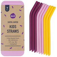 Kids Slurp Straw 9 Pack and Cleaning Brush w/Pink Case, 7.25in Bent Reusable Silicone Drinking Straws for Small Glasses and Cups - Eco-Friendly Food Grade Silicone (Pink)
