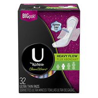 U by Kotex CleanWear Ultra Thin Pads with Wings, Heavy Flow, Fragrance-Free, 32 Count