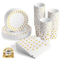 200 Pcs Serves 50, Gold Party Supplies Set | Strong | No Flimsy Plates Or Leaky Cups | Polka Dot Disposable Paper Dinnerware | Includes Dinner Plates, Dessert Plates, Cups & 3-Ply Napkins