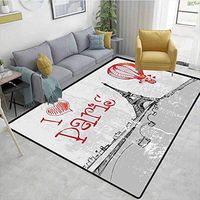 Bigdatastore Eiffel Tower Decor Animals Area Rug Anti Slip Pad, I Love You Paris Romance Air Balloon with Hearts Doodle Valentines Print, Easy Maintenance Area Rug Living Room Bedroom Carpet(2'x 3')