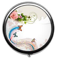 TuMeimei Round Pill Case - Butterfly Rainbow and Rose Background Custom Fashion Style Pill Box - 3 Compartments Pill Box/Pill case