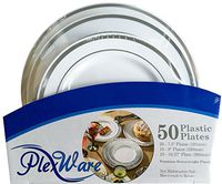 Plexware Silver Rim Plastic Plates 50 Piece Set (20-7.5 Inch, 15 – 9 Inch, 15 - 10.27 Inch) White