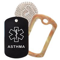 Asthma Medical Alert ID Necklace with Black Tag, Camo Desert Silencer, and 30'' USA Chain - 154 Color Choices