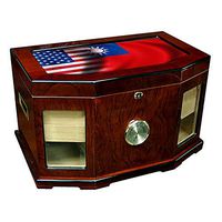 Large Premium Desktop Humidor - Glass Top - Flag of Taiwan (Taiwanese) - Waves with USA Flag - 300 Cigar Capacity - Cedar Lined with Two humidifiers & Large Front Mounted Hygrometer.