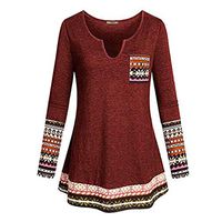 Meikosks Ladies Print Patchwork T Shirt Long Sleeve Pocket Tops Casual Blouses Pullover Wine