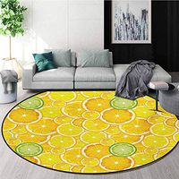 RUGSMAT Yellow Modern Machine Round Bath Mat,Lemon Orange Lime Fruit Citrus Round Cut Circles Big and Small Pattern Non-Slip No-Shedding Kitchen Soft Floor Mat,Round-47 Inch Yellow White and Green