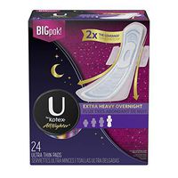 U by Kotex AllNighter Ultra Thin Overnight Feminine Pads with Wings, Extra Heavy Flow, Unscented, 72 Count (3 Packs of 24)