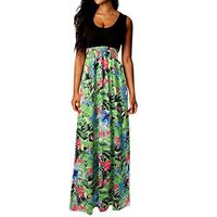 Mlide Women's Casual Loose Pocket Long Dress Sleeveless Split Maxi Dresses Boho Crewneck Beach Cocktail Floral Dress,Green Black L