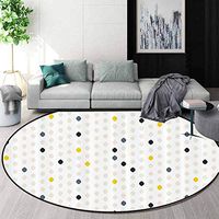 House Decor Round Area Rug,Modern Style Geometric Shapes Polka Dot Tear Drop Forms Pattern Graphic Art Print Design Non-Slip Fabric Round Rugs For Living Room,Diameter-31 Inch Grey White Yellow