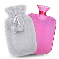 QIBOX Hot Water Bottle, Luxurious Faux Fur Plush Fleece Cover with Pom Pom Decor, Classic Rubber Hot Water Bag PVC Hot Water Bottle for Pain Relief, Hot & Cold Therapy