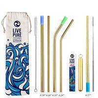 Live Pure | Metal Straws for Home and for Travel with Case | Stainless Steel Reusable Drinking Straws with Cleaning Brush (Gold, Home kit and Travel Pack)