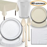 Disposable Party Supplies, Serves 40 - White and Cream - Large and Small Paper Plates, 12 oz Plastic Cups, Heavyweight Cutlery, Napkins, and Tablecloths. Full Two-Tone Tableware Set