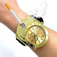 ArcWatch Men’s Stylish Flameless Windproof USB Cigarette Lighter/Watch | Heat Coil Ignition | Quartz Timepiece (Black Leather Strap, Gold Plated Bezel)