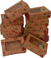 Christmas Doughnut and Cookie gift boxes; rectangle with clear window; brown kraft with hot stamp Christmas designs; 6 of each print; set of 12 boxes (12 x 3.75 x 2.75) (12, 8.6" x 6" x 2.75")