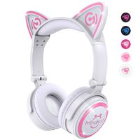 MindKoo Bluetooth Headphones, Over-Ear Wireless Headphones, Cat Ear Headphones with LED Light, Foldable, Built-in Microphone and Volume Control for PC/Cell Phones/Kids/Teen/Boys/Girls/Adults, White