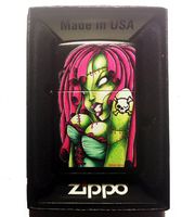 Zippo Custom Lighter - Sexy Zombie Scary Big Boobs Hot Babe Chick Skull Cross Bones Tattoo Black Licorice Finish Rare!