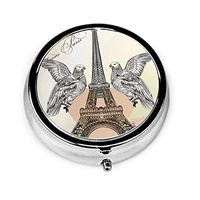 Eiffel Tower Birds Custom Fashion Round Pill Box Compact 3 Space Tablet Holder Pocket Purse Organizer Case Decoration Box