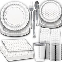 Shiny Silver Disposable Dinnerware for 24. Dinner and Dessert Paper Plates and Napkins with Reflective Silver Design, Clear Tumbler Cups with Silver Rim, and Silver Cutlery. Fancy Party Supplies