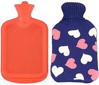 AQUAPAPA Large 1/2 Gallon Classic Non Toxic Natural Rubber Hot Water Bottle with Pink Hearts Blue Knit Cover, Back Pain Relief, Cold Feet Syndrome, 2 Liters
